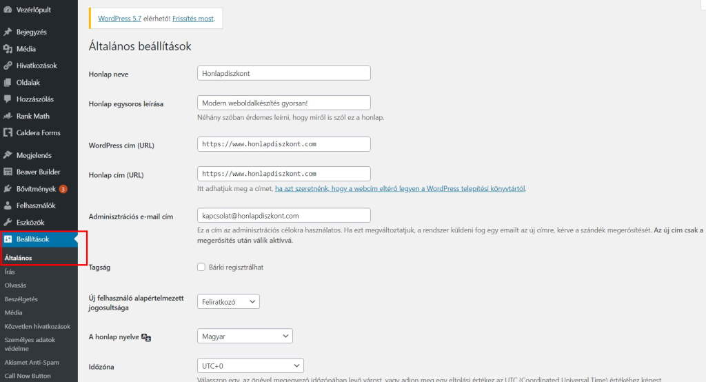 Wordpress oldalad működését a Beállítások menüben állítsd be