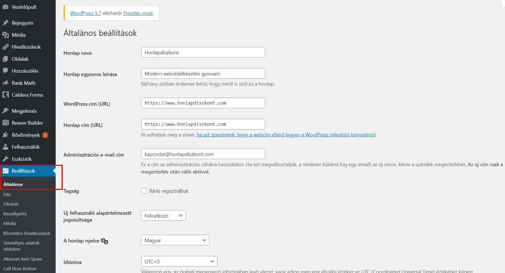 Wordpress beállítások